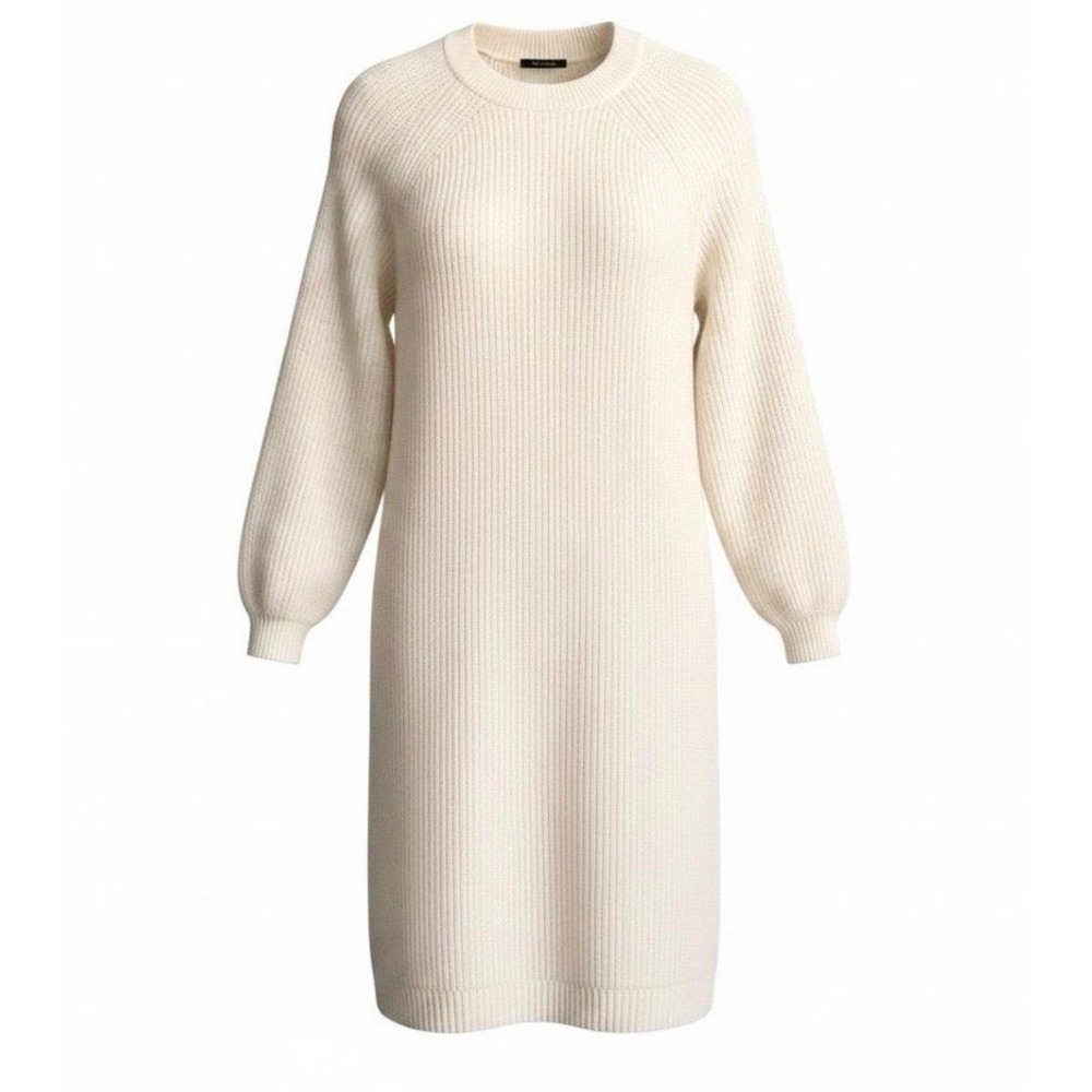 Ann Taylor Cream Ribbed Sweater Dress Raglan Balloon Sleeve Midi Ivory Size M